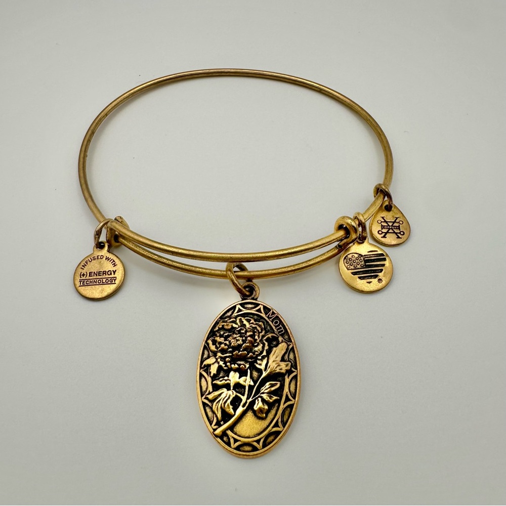 Alex and Ani 2016 Gold Floral “Mom” adjustable Charm Bangle Bracelet